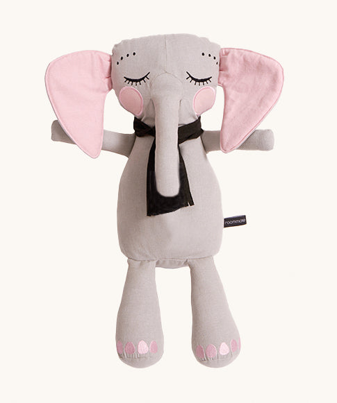 Roommate Little Grey Stuffed Elephant Toy, light grey, sleepy expression with pink ears, toes and cheeks, dark grey scarf and a white background