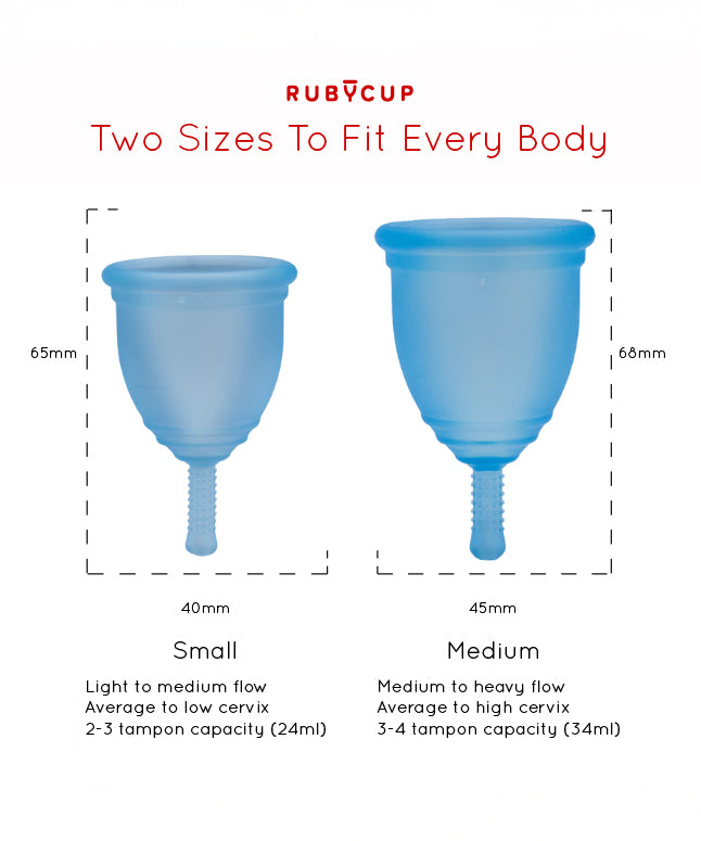 The Ruby Cup Menstrual Cup size dimensions showing the small cup at 40mm wide and 65mm long, which is used for light to medium flow, average to low cervix and 2-3 tampon capacity (24ml). The large cup measures at 45mm wide and 68mm long which is used for medium to heavy flow, average to high cervix and 3-4 tampon capacity (34ml).