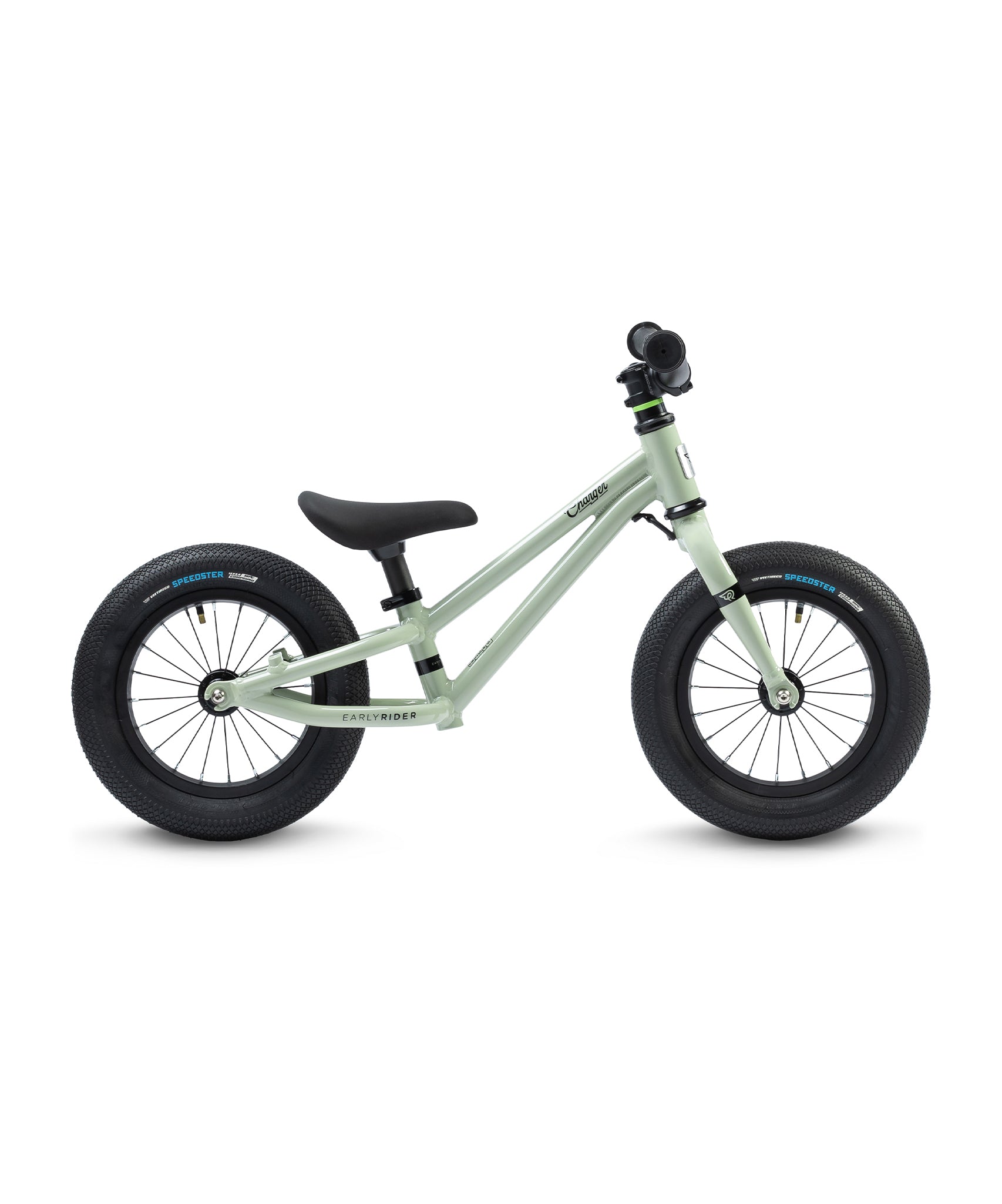 A side view of the Early Rider Charger Balance Bike - Sage Green. showing the thickness of the wheels