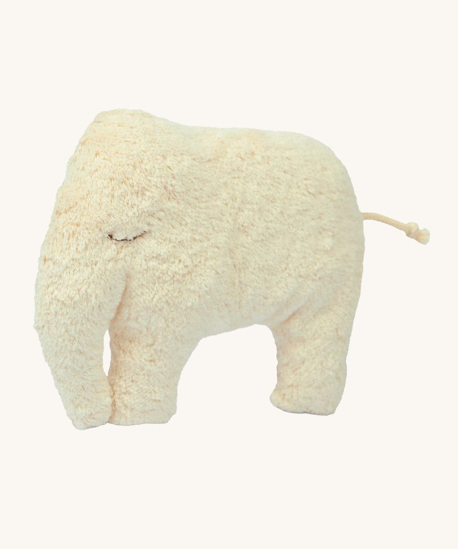 Senger Cuddly Animal Cushion - Elephant is a duel sided cushion with the image showing the fluffy, sleepy cream elephant side, and on the revers is a cotton check fabric