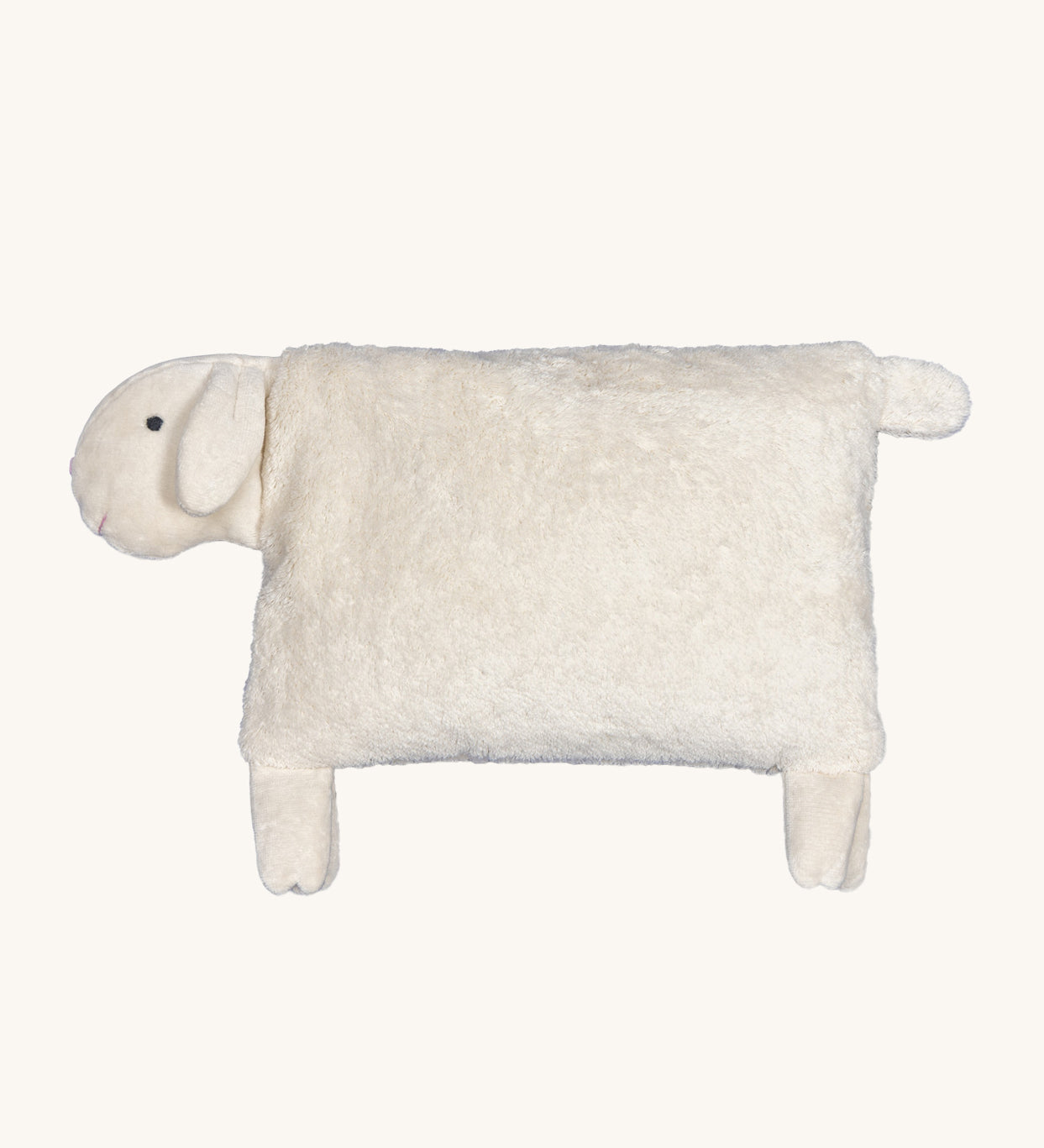 Senger Stone Pine Pillow - Sheep with a white square body, white feet and tail, a white head with white floppy ears, on a cream background