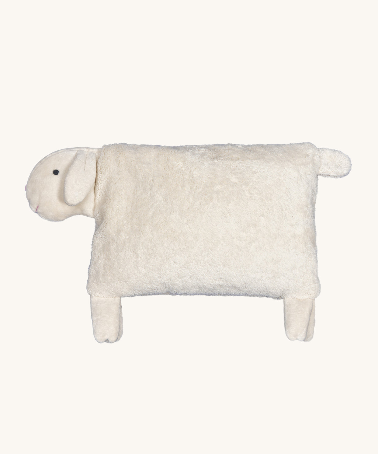 Senger Stone Pine Pillow - Sheep with a white square body, white feet and tail, a white head with white floppy ears, on a cream background