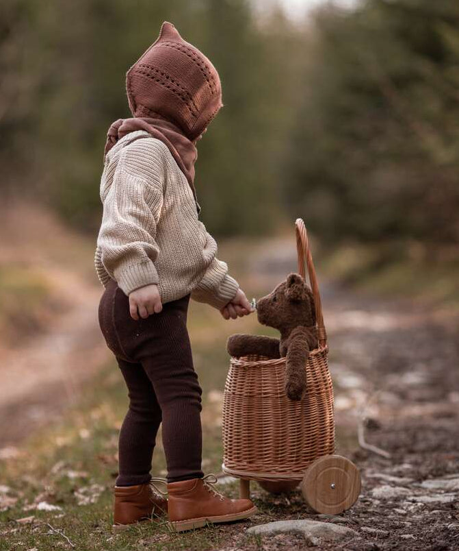 A child stood next to a bastet on wheels, with the Senger Small Floppy Brown Bear inside