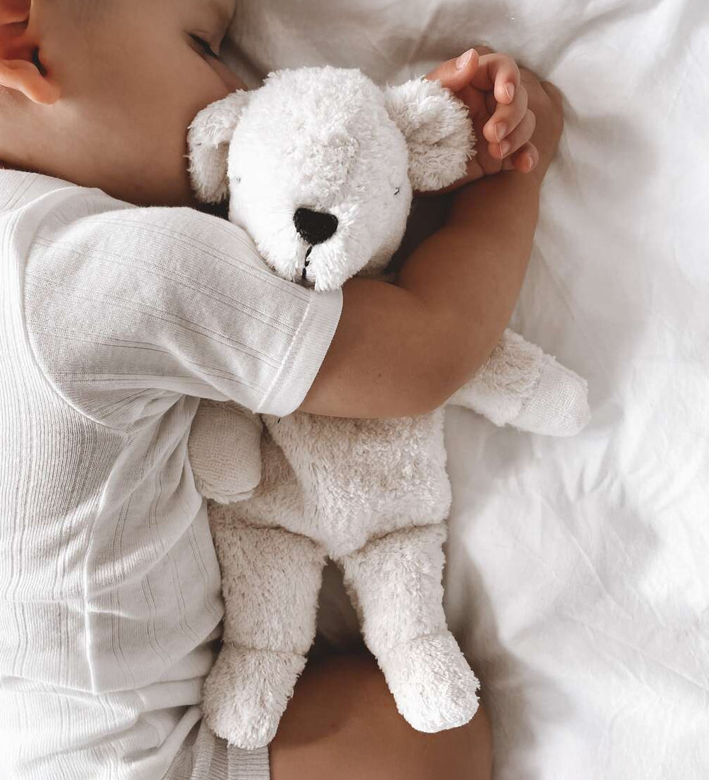 A sleeping baby cuddled up to the Senger Small Cuddly Polarbear