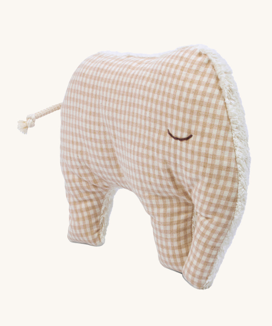 The peach cotton check fabric side of the Senger Cuddly Animal Cushion - Elephant, with the other side as a cream fluffy fabric. The image is on a cream background