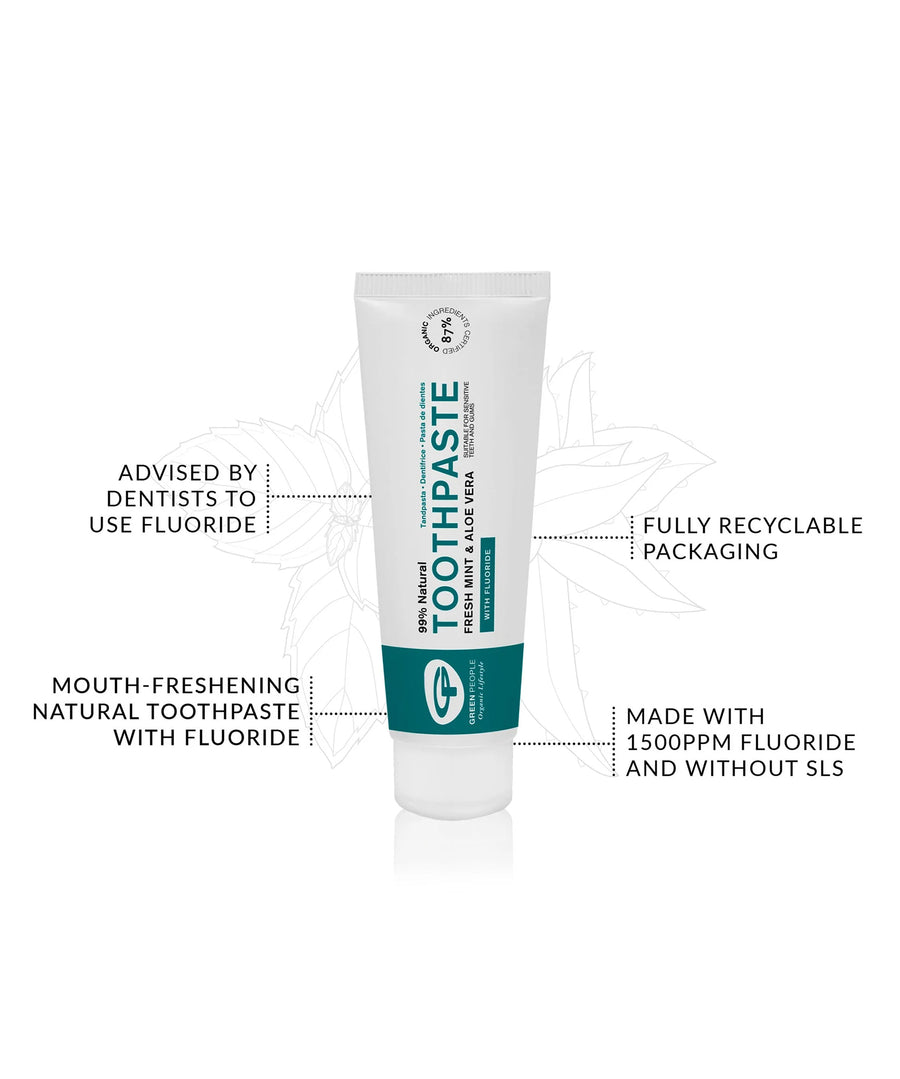 An info-graphic showing the different things about the Green People Fresh Mint & Aloe Vera Toothpaste with Fluoride. The text reads fully recyclable packaging, made with 1500PPM of fluoride without SLS, mouth-freshening natural toothpaste with fluoride, advised by dentists to use fluoride