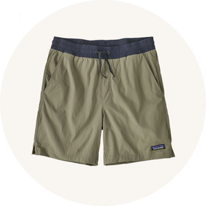 Patagonia khaki shorts on cream background to represent men's shorts and bottoms at Babipur.