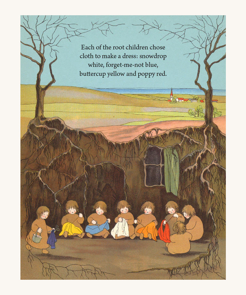 A page from the Story of the Root Children, showing little children underground sewing and making clothes