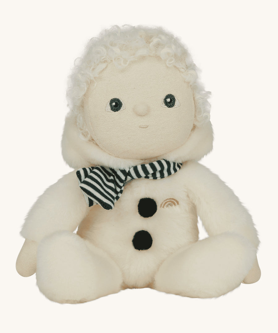 Sidney Snowman with its hood down, showing its curly white hair, on a cream background