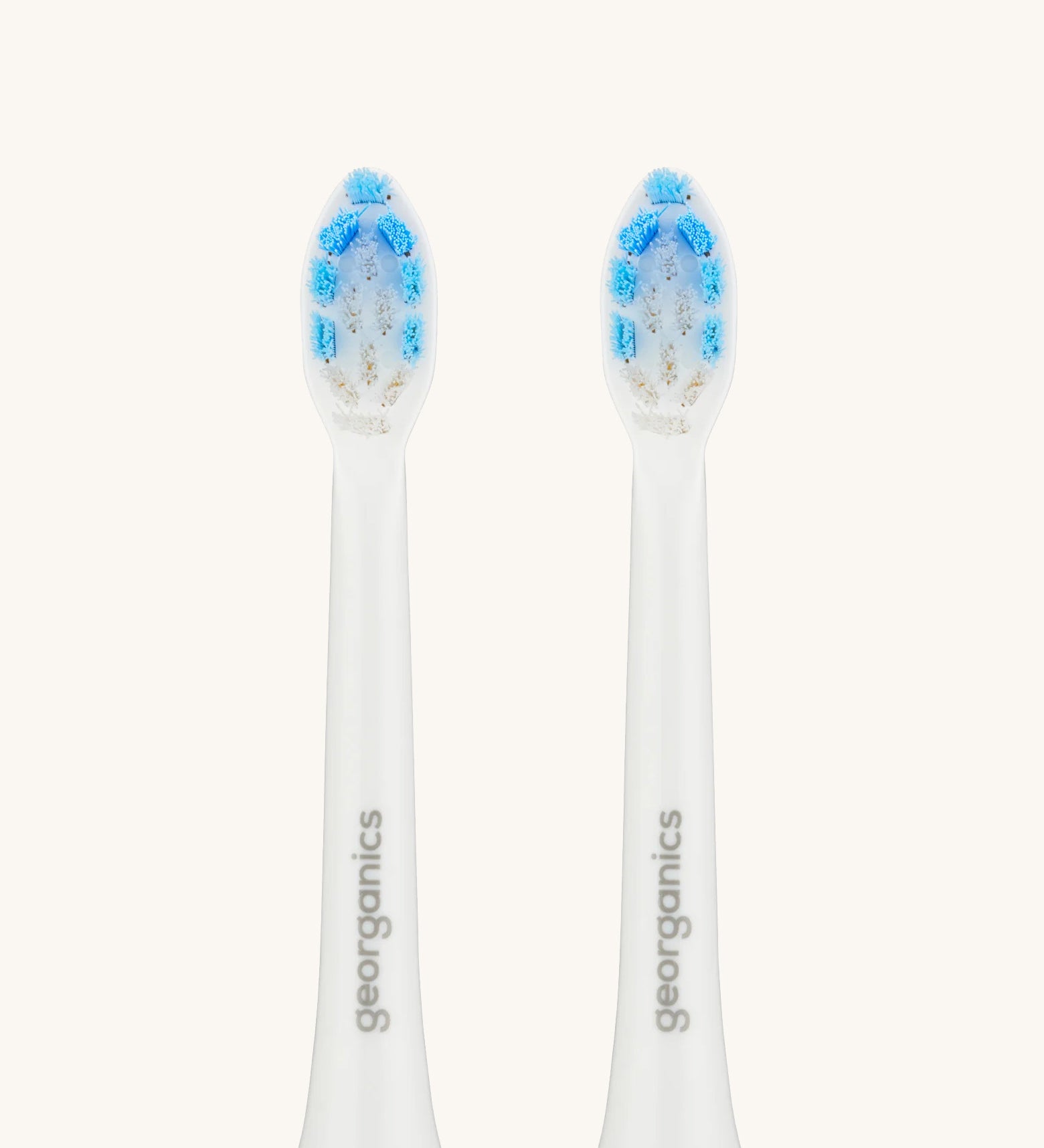 A pair of Georganics replacement 50000spm heads for the sonic toothbrush