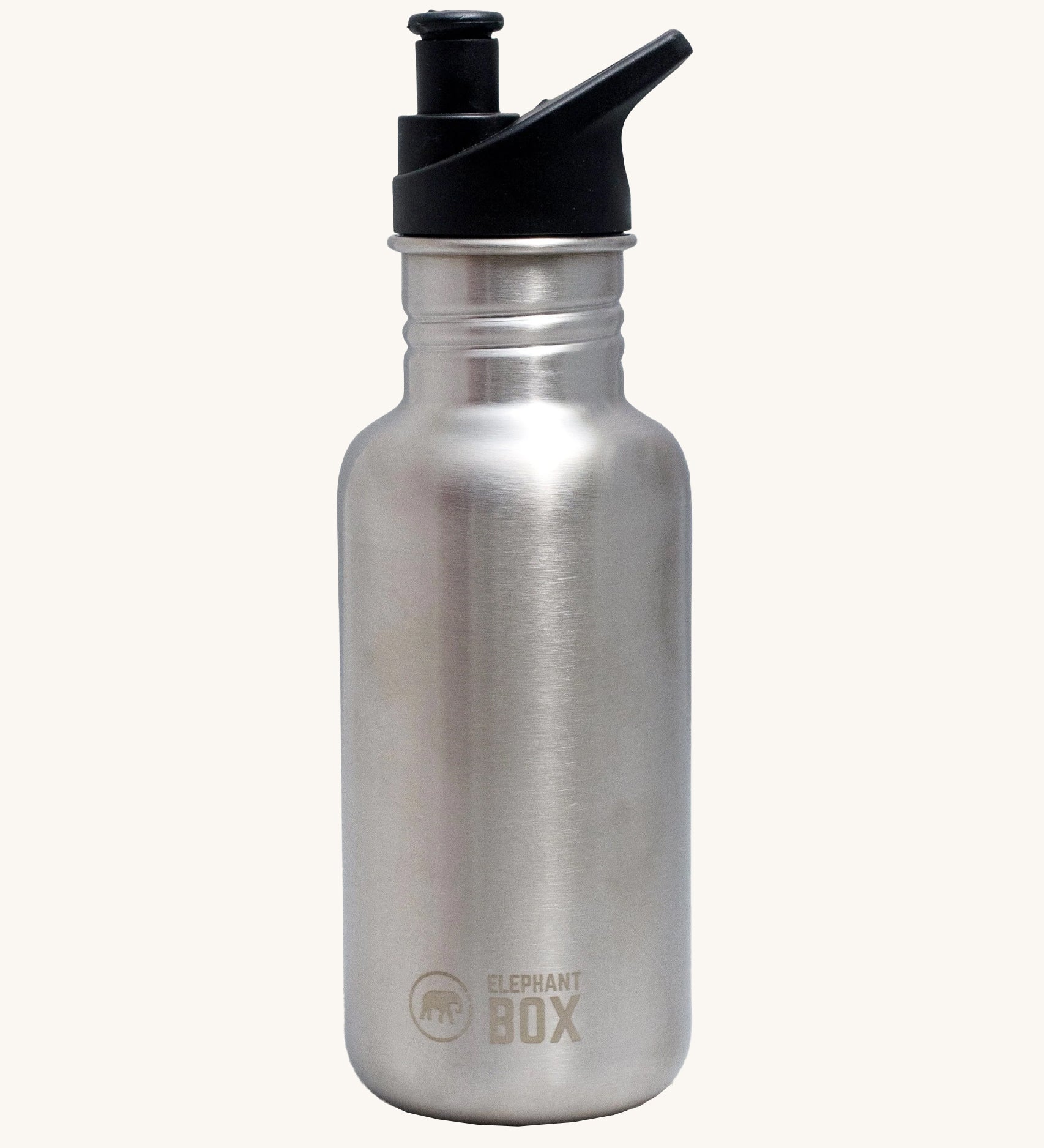 The Elephant Box, BPA free sports cap on an Elephant Box reusable stainless steel water bottle. The image is on a cream background