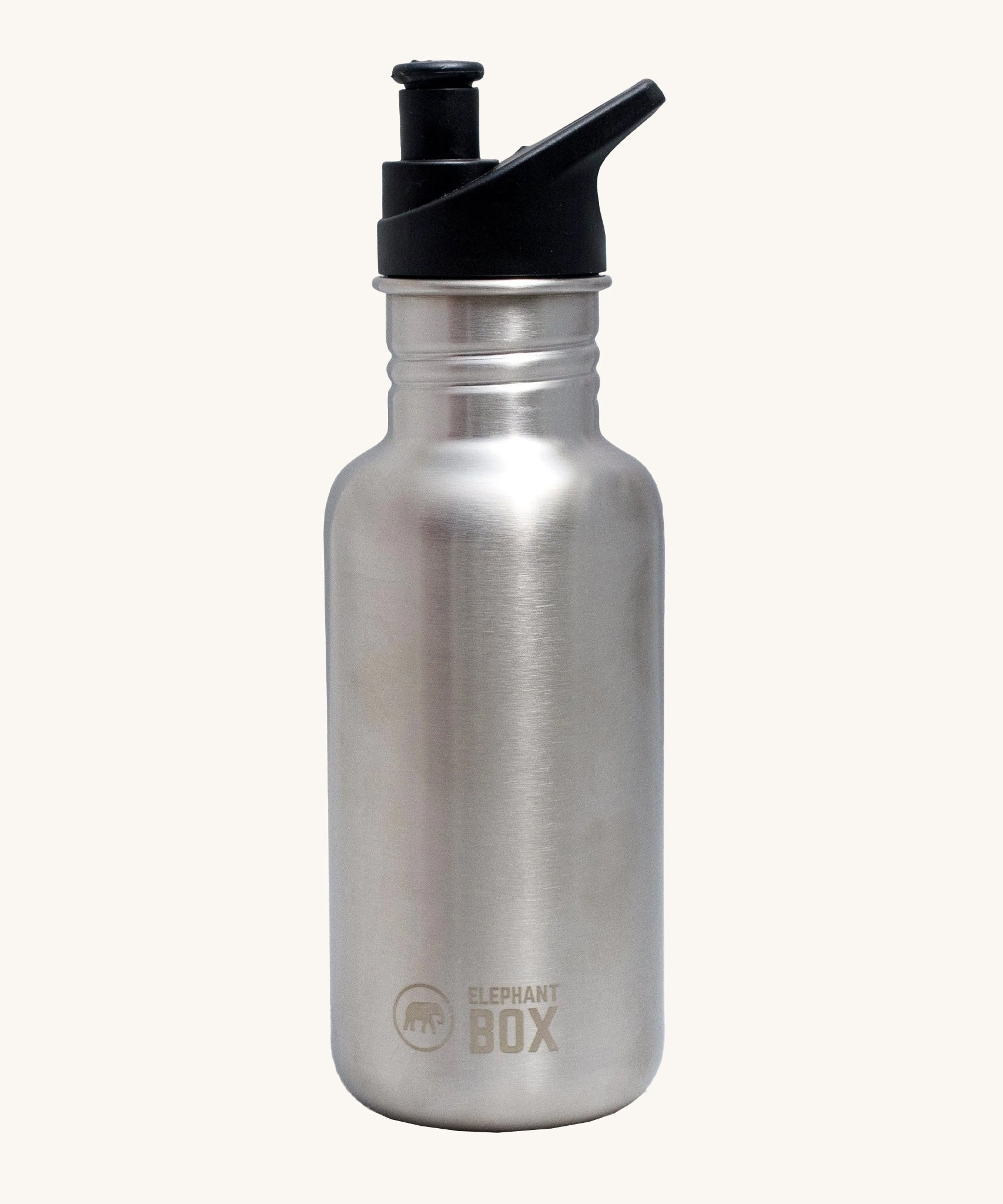 The Elephant Box, BPA free sports cap on an Elephant Box reusable stainless steel water bottle. The image is on a cream background