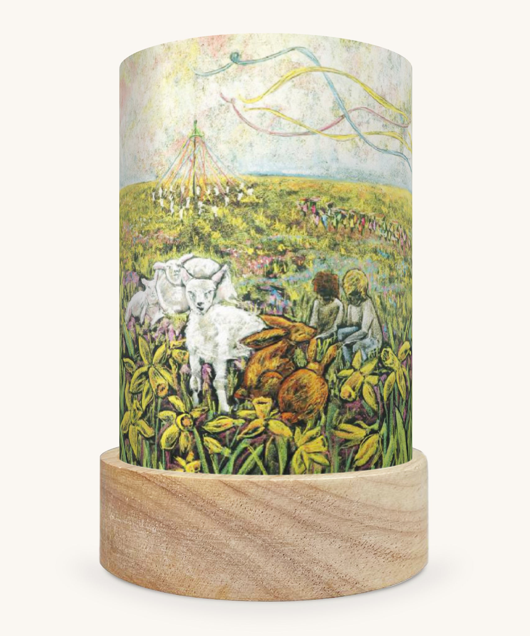 The Springtime illustration by Kapitein Kalk sat in a Toverlux Magic Lantern base, on a cream background