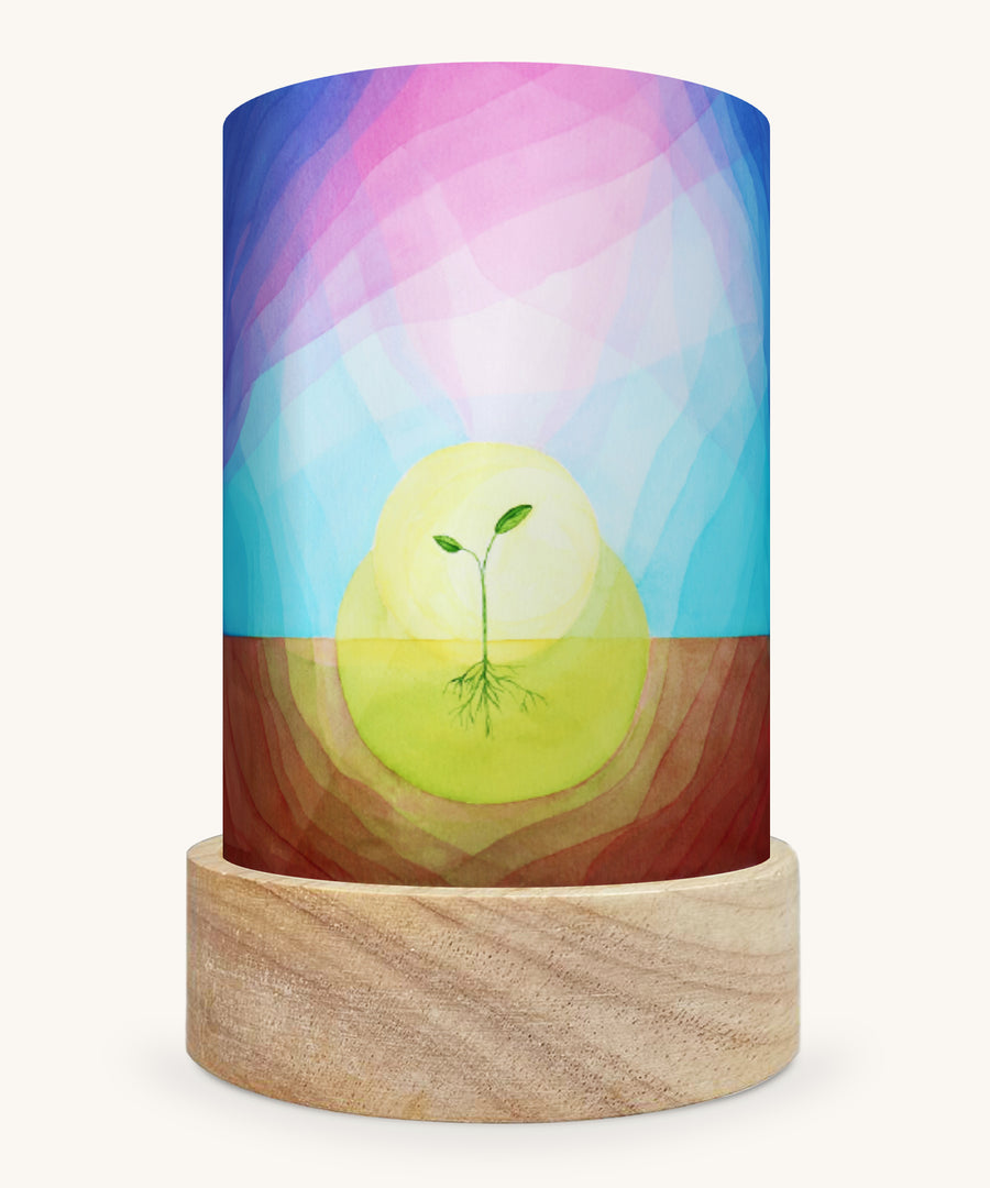 The Sprout illustration by Kapitein Kalk sat in a Toverlux Magic Lantern base, on a cream background