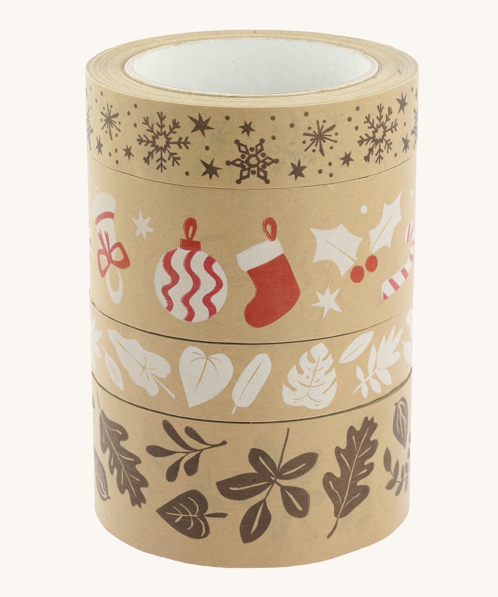 A stack of Babipur Kraft Eco Tape, with snowflakes, Christmas decorations, White leaves and Brown leaves, on a cream background