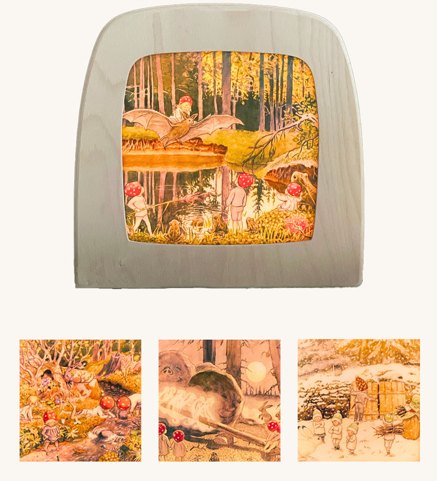 Toverlux StoryLux Silhouette Sets, Children Of The Forest by Elsa Beskow. The image shows 4 Magic Lamp silhouettes from the Children Of The Forest Set, on a cream background