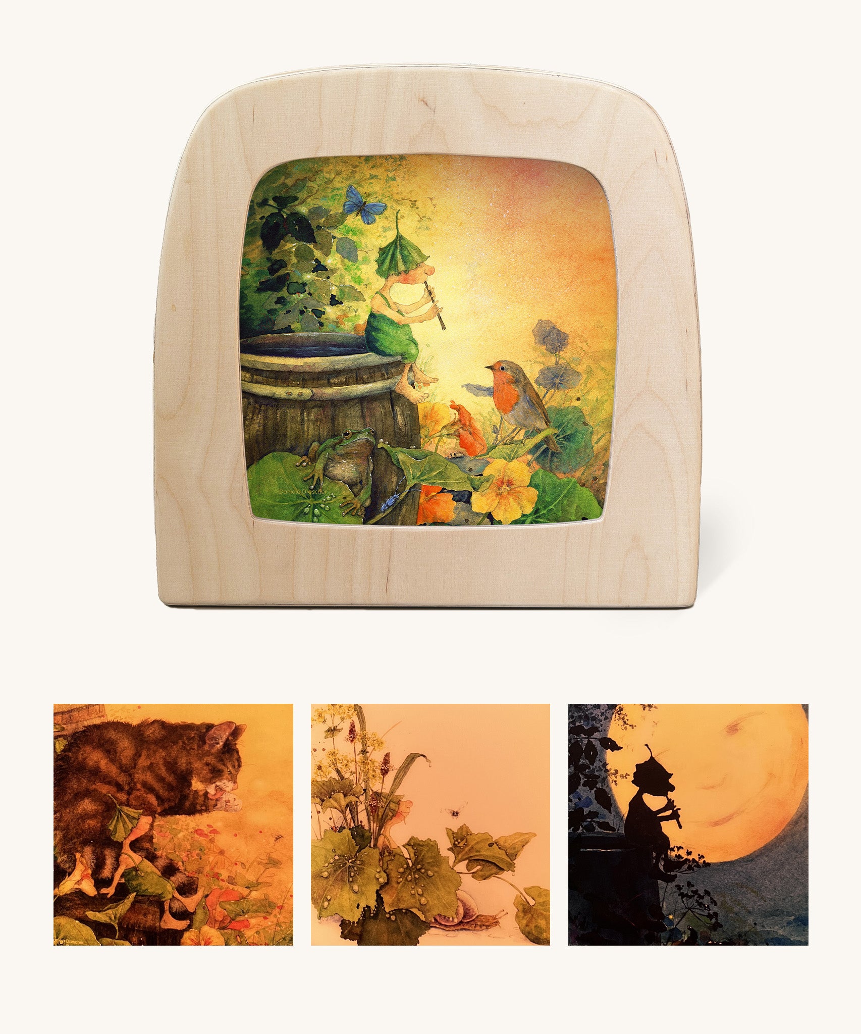 Toverlux StoryLux Silhouette Sets, The Garden Adventures Of Griswald Gnome by Daniela Drescher. The image shows 4 Magic Lamp silhouettes from the Adventures Of Griswald Gnome Set, on a cream background