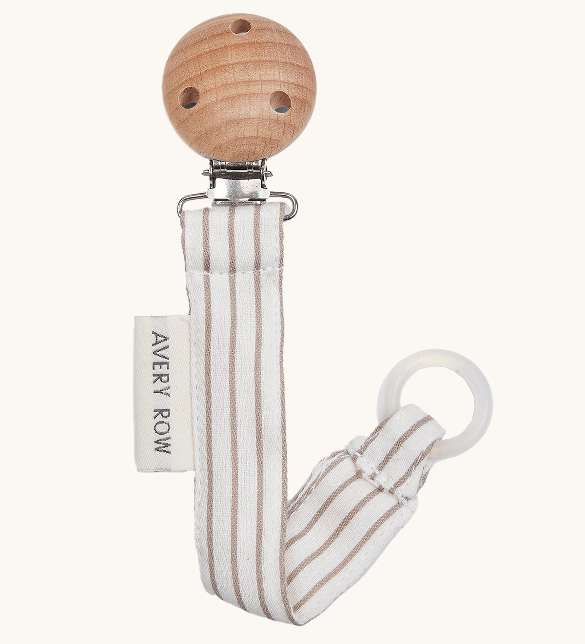 Avery Row Pacifier Holder - Stripe, showing the silicone ring and wooden clip