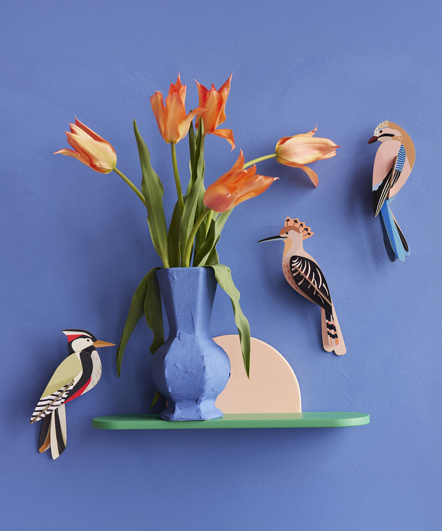 The Studio Roof Woodpecker, Jay and Hoopoe birds set on a blue coloured wall. The image also shows a blue vase filled with flowers on a small green shelf.