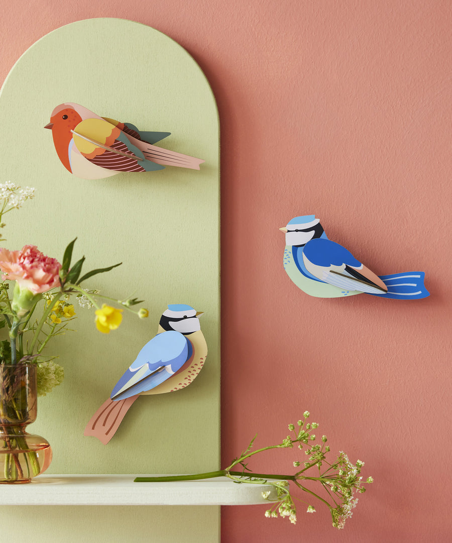 The Studio Roof Blue Tits and Robin bird, on a pink and green background, with flowers laid on a white shelf underneath the birds