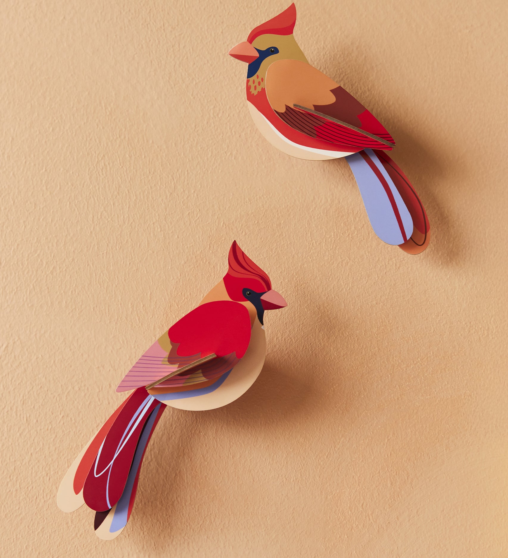 The Studio Roof Cardinals Cardboard Bird Model, on a pale yellow background