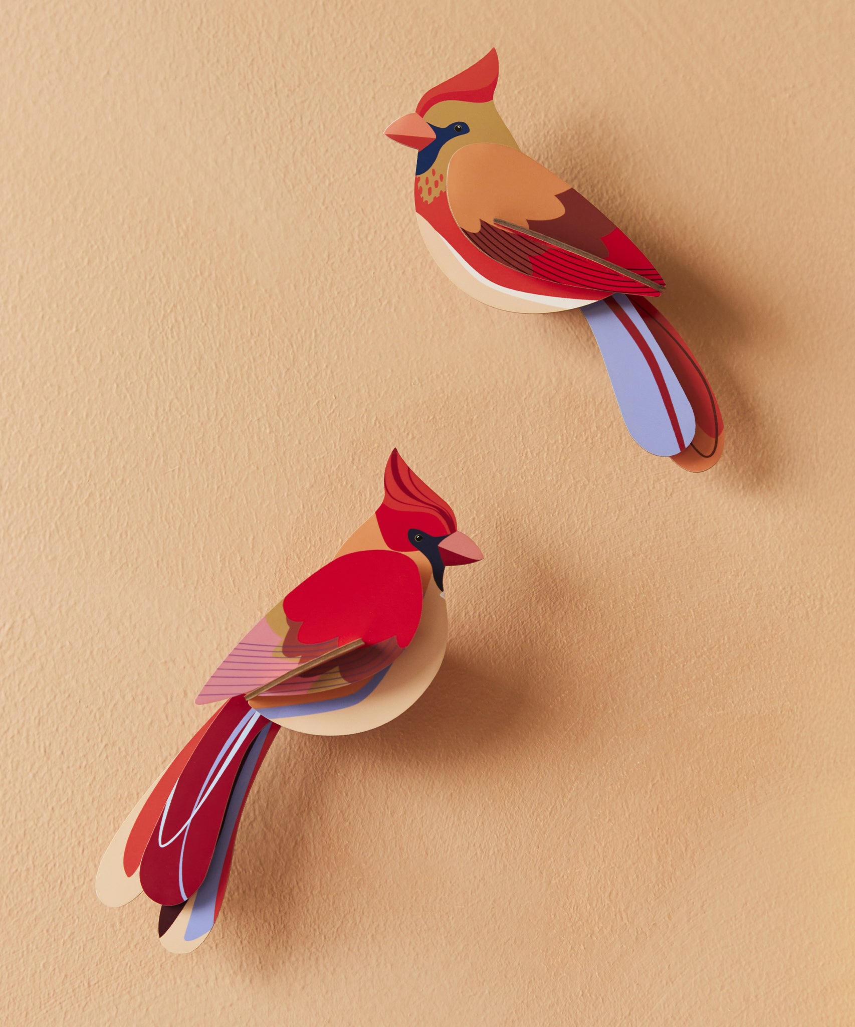 The Studio Roof Cardinals Cardboard Bird Model, on a pale yellow background