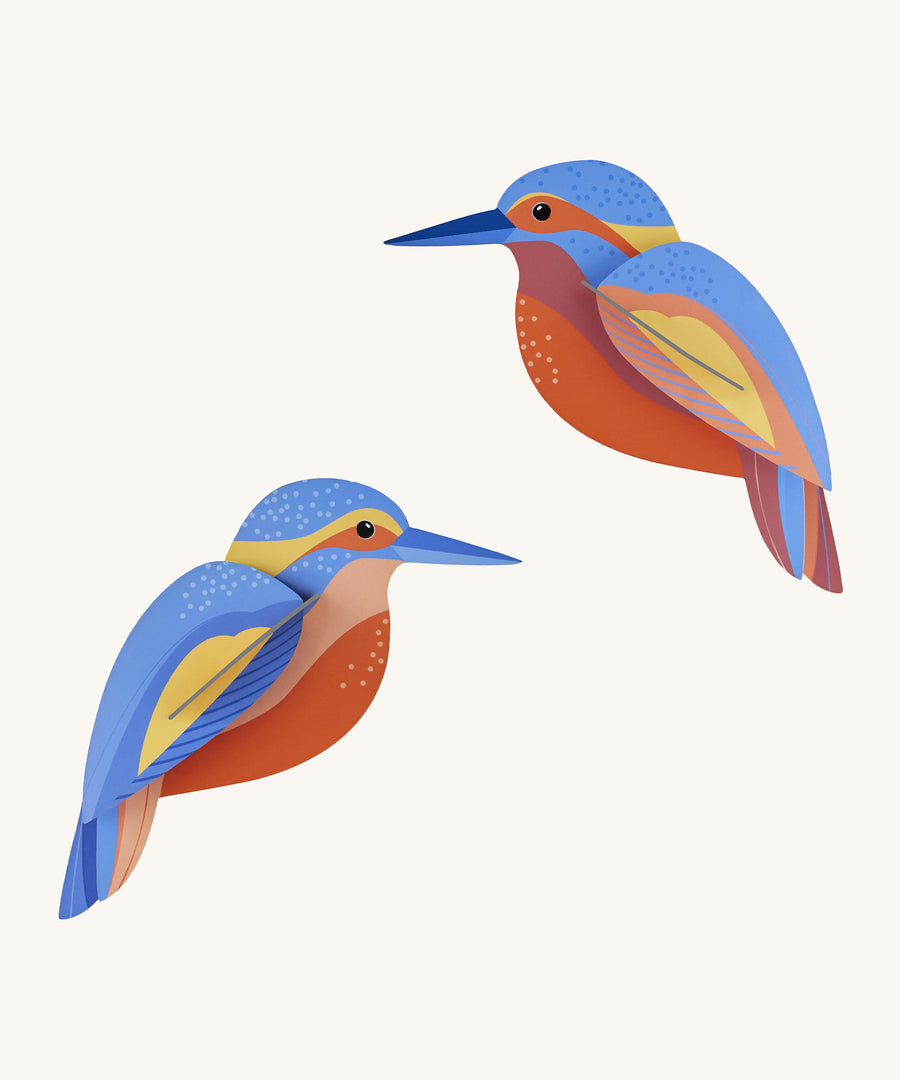 Studio Roof Kingfishers Cardboard Model on a cream background. The image shows two colourful kingfisher birds