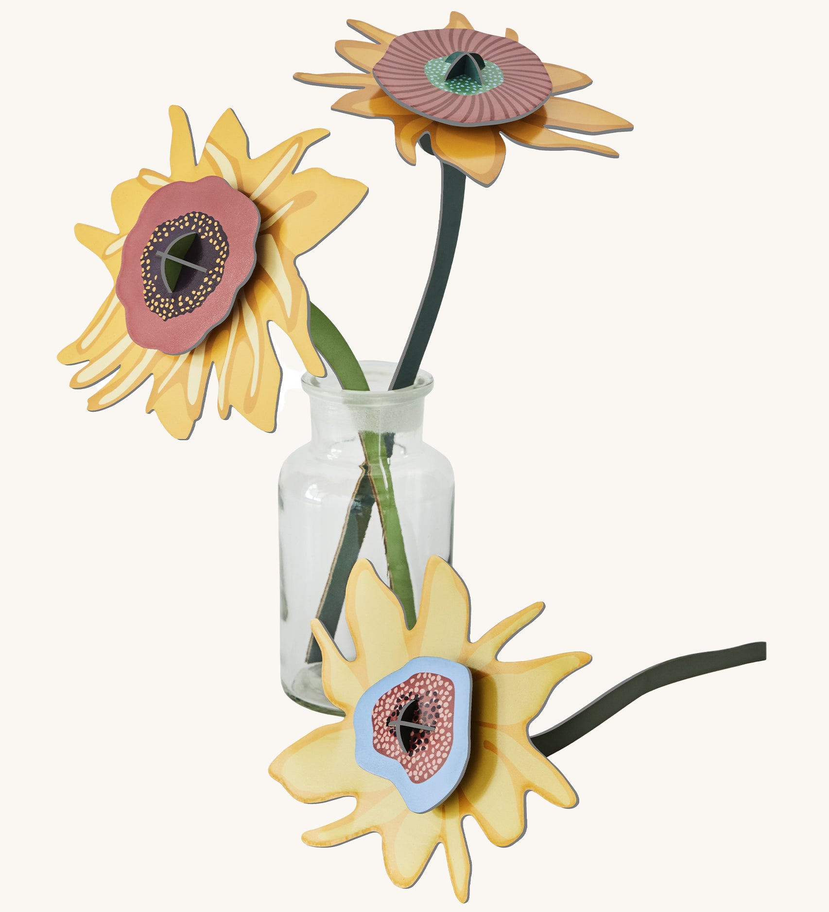 Studio Roof Cardboard Bouquet - Van Gogh Sunflowers, stood in a glass vase on a cream background