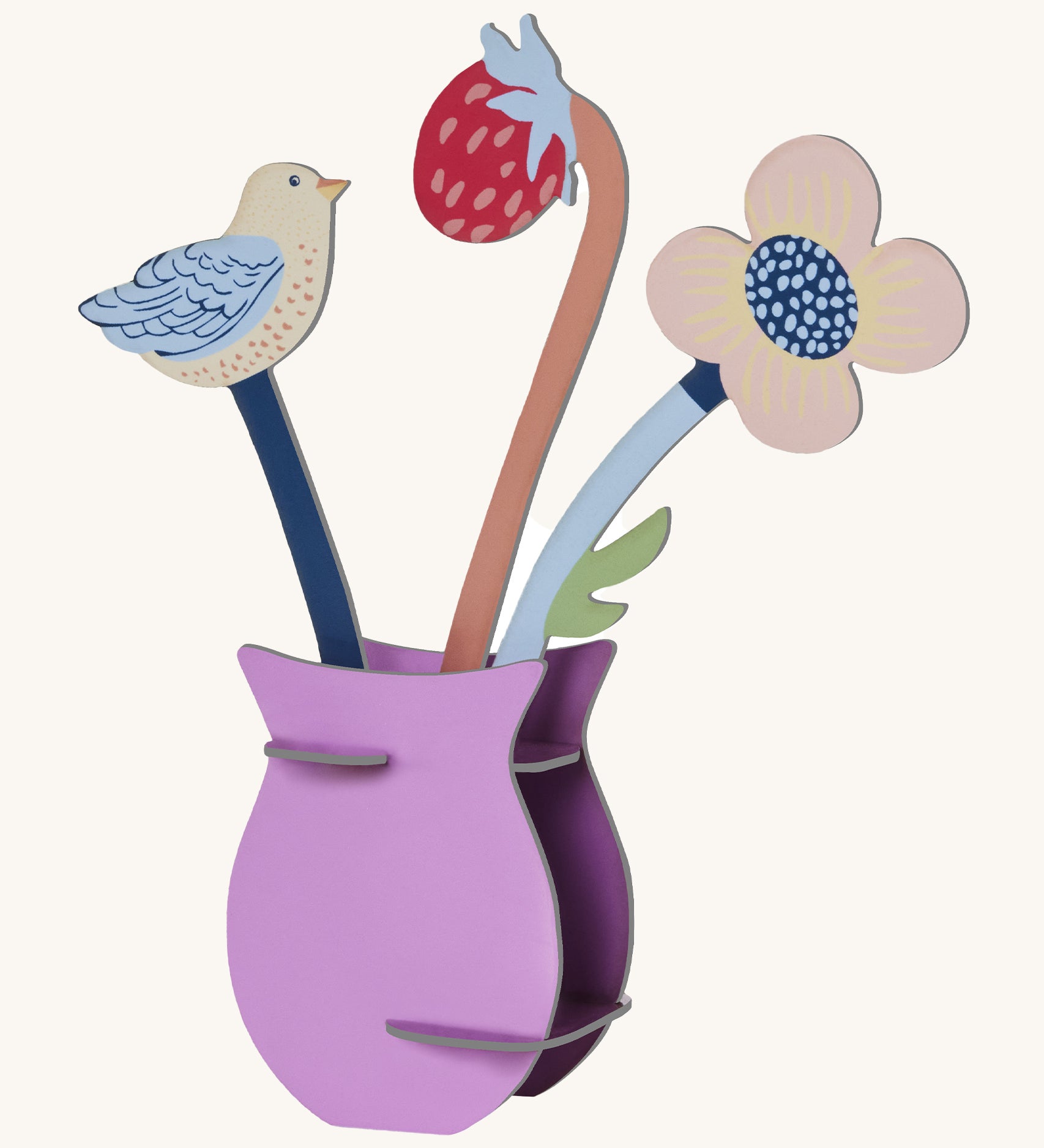 Studio Roof Cardboard Pop Out Card - William Morris Flowers on a cream background. The image shows a constructed 3D cardboard vase with a cardboard pop out flower, strawberry and bird inside the vase