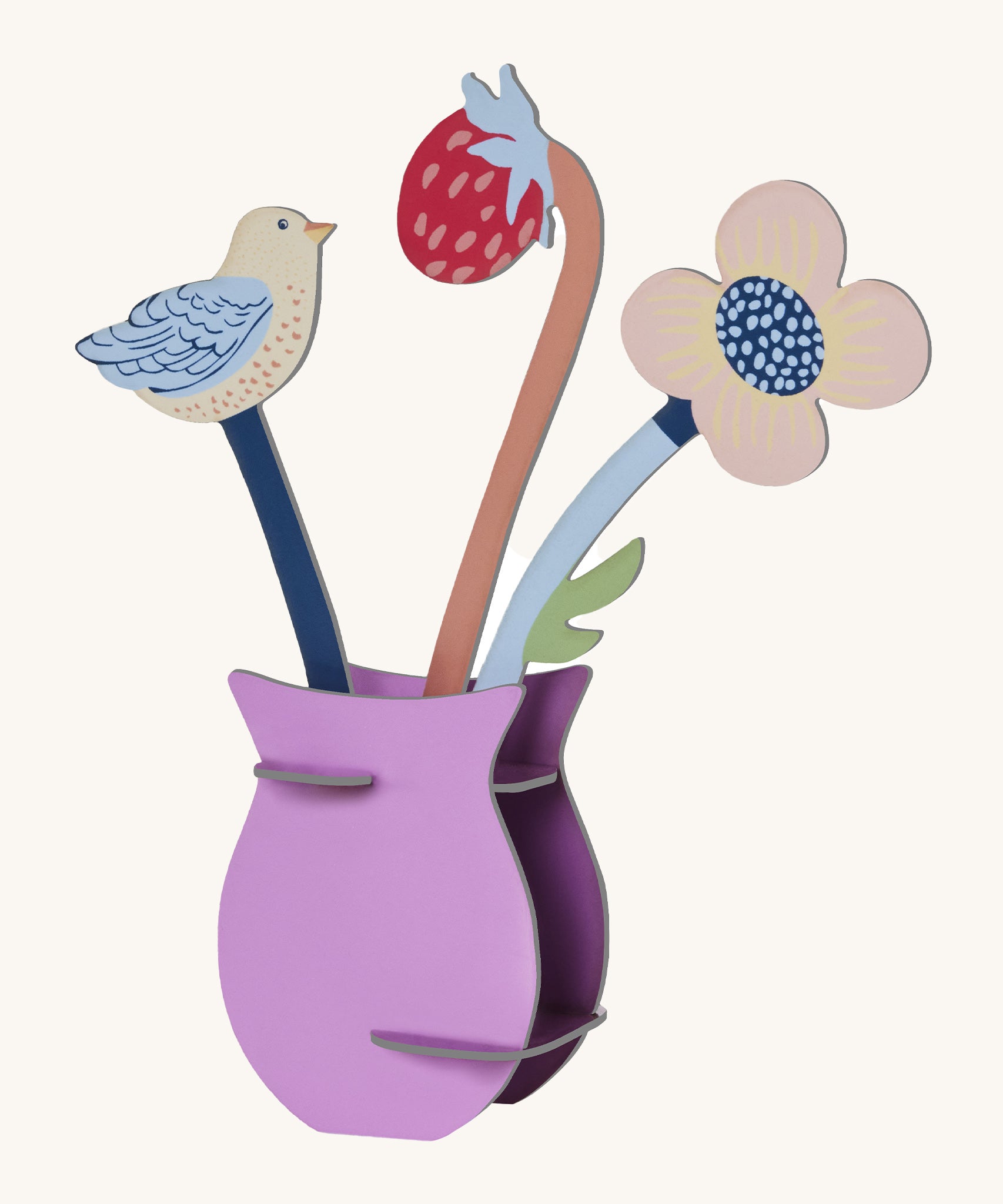 Studio Roof Cardboard Pop Out Card - William Morris Flowers on a cream background. The image shows a constructed 3D cardboard vase with a cardboard pop out flower, strawberry and bird inside the vase