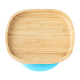 Eco Rascals Rectangle Bamboo Suction Plate, a natural bamboo baby weaning plate with blue silicone suction base.