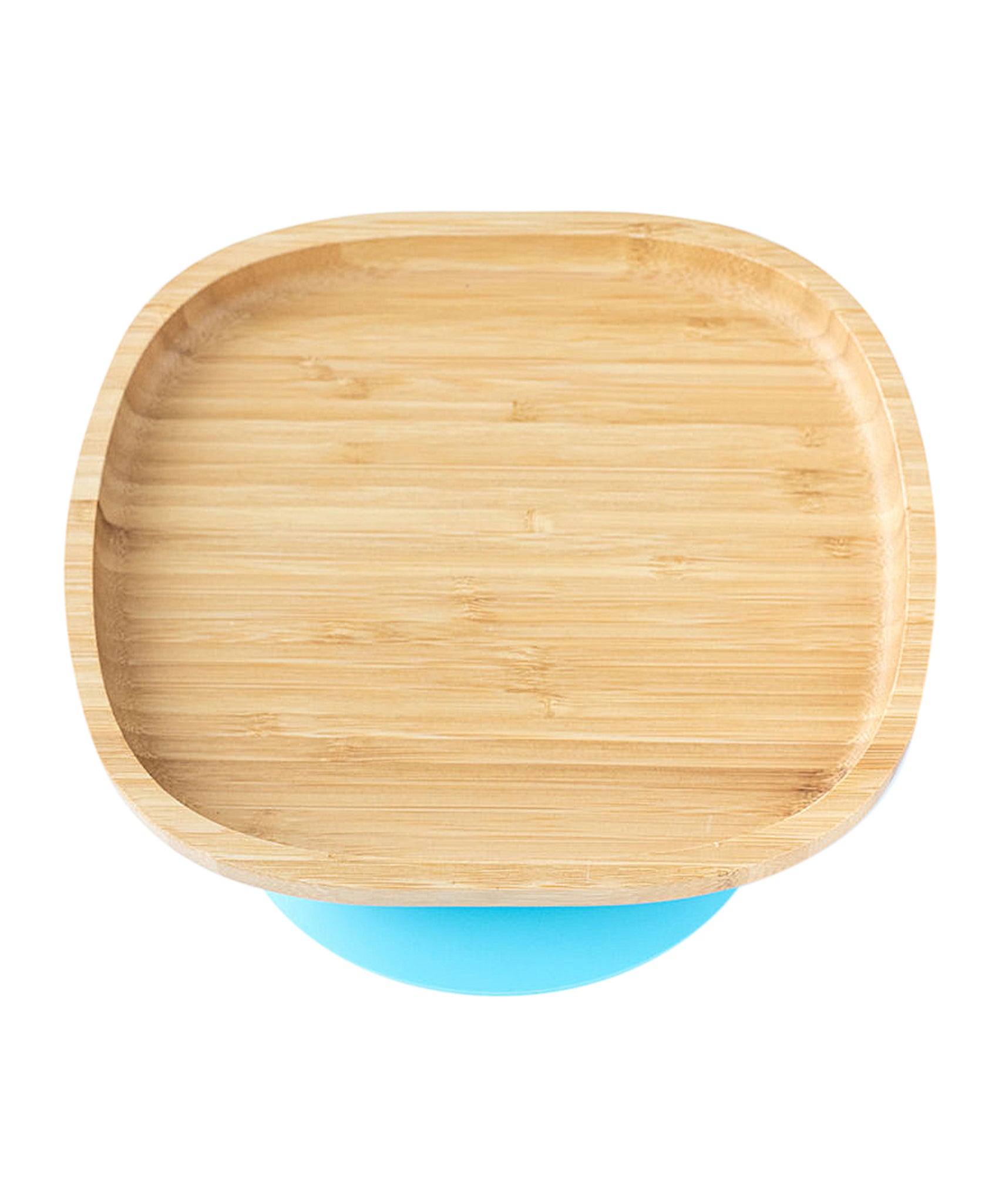 Eco Rascals Rectangle Bamboo Suction Plate, a natural bamboo baby weaning plate with blue silicone suction base.