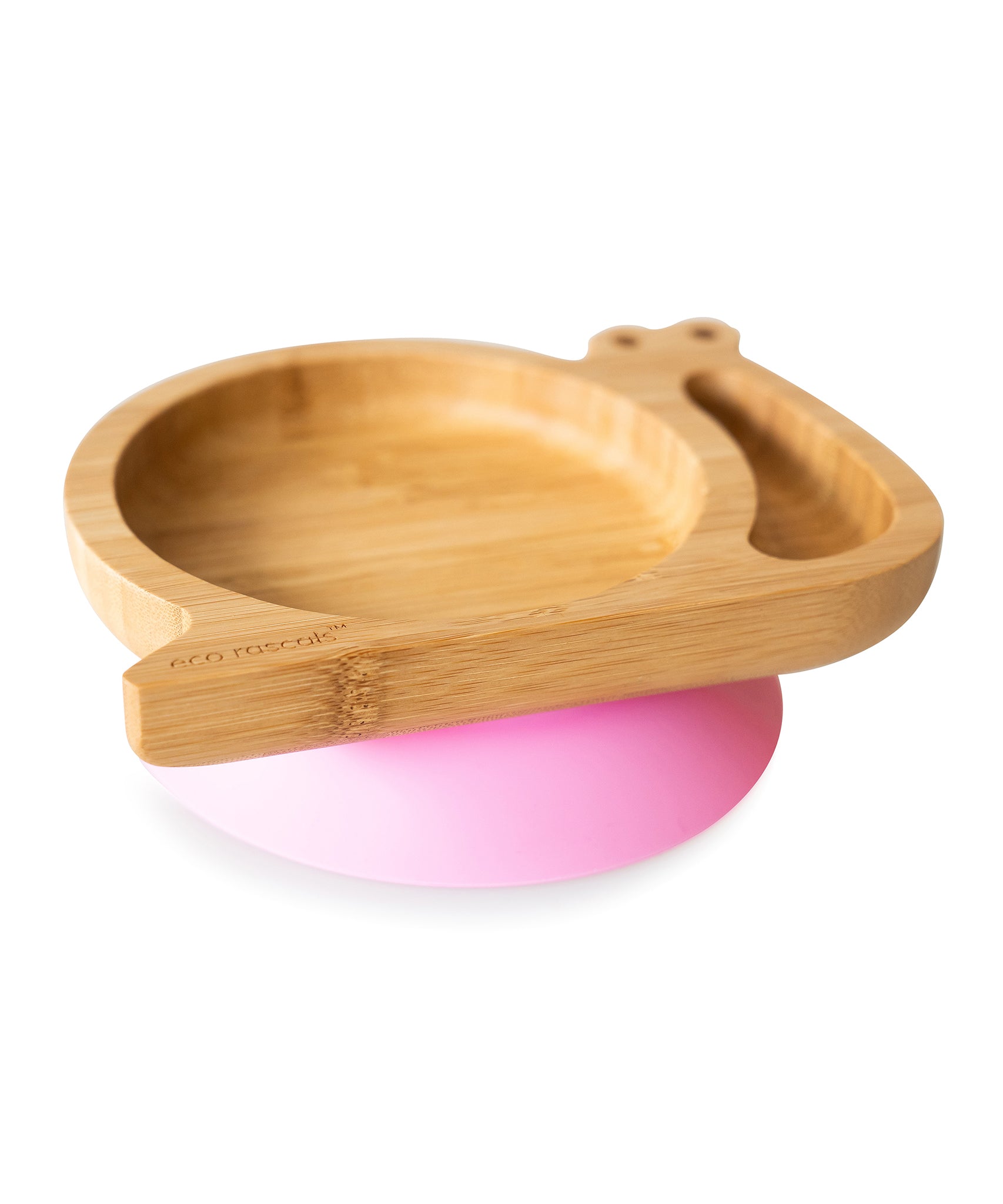 Eco Rascals Snail Bamboo Suction Plate with pink suction base, side view.