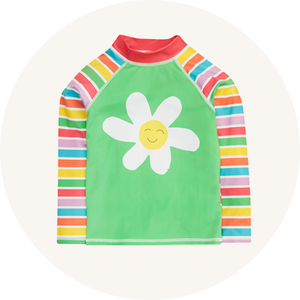 Frugi sunsafe top on cream background to represent children's swimwear at Babipur.