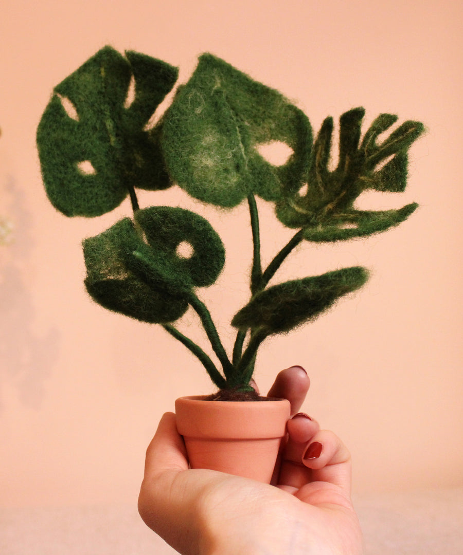 The Makerss - Monstera Plant Small Needle Felt Kit being held in a hand