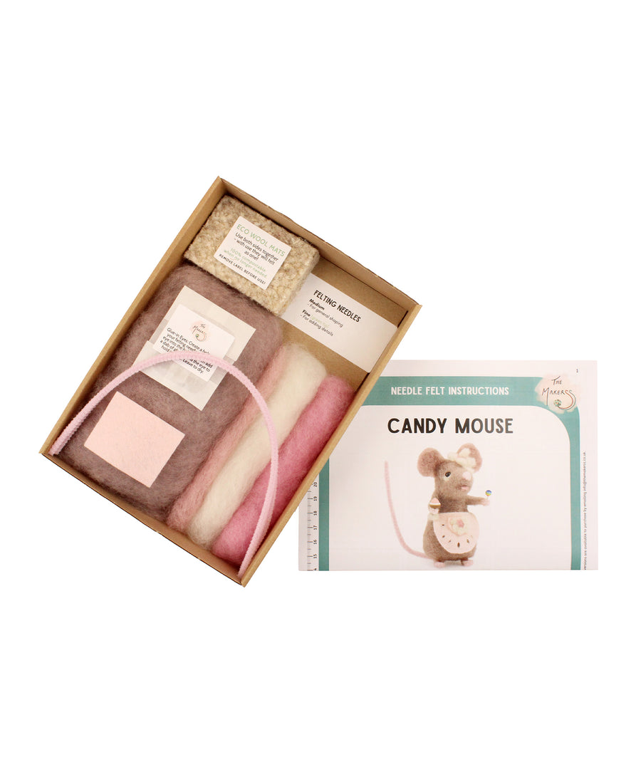 The Makerss Candy Mouse Needle Felt Kit contents, includes woolen felt, felting needles, felting mats, pip cleaners, and instruction booklet