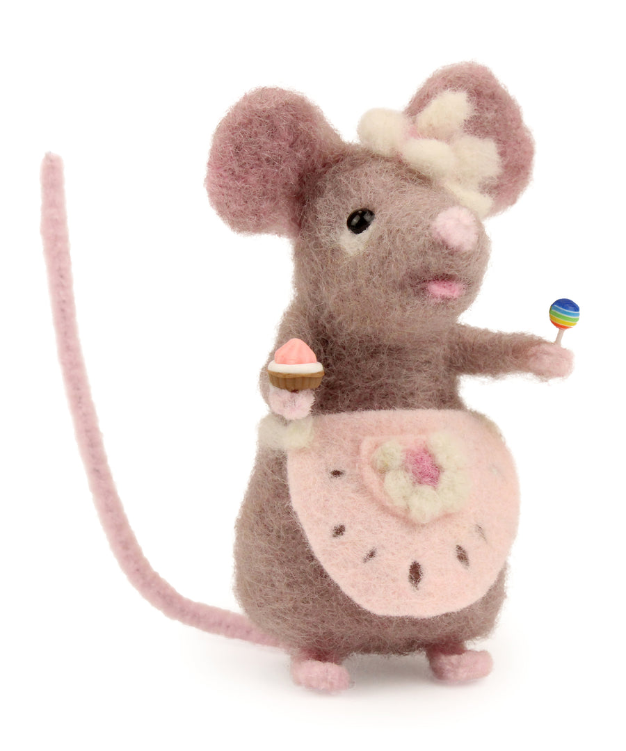 A fully made The Makerss Candy Mouse with cupcake, lollypop and pink apron