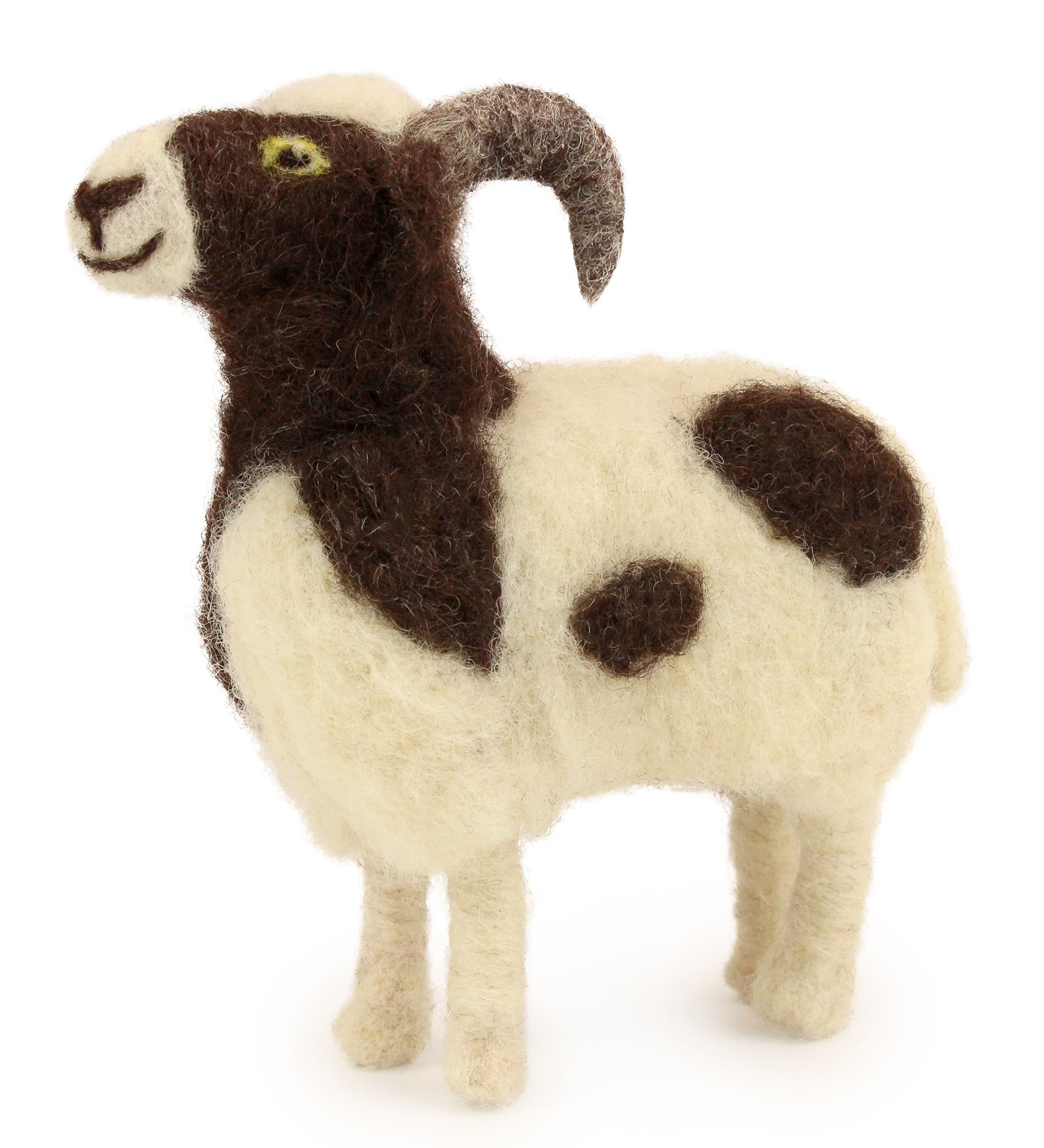 A fully made Jacob Sheep Needle Felt craft, in cream and brown wool with a brown and cream horns