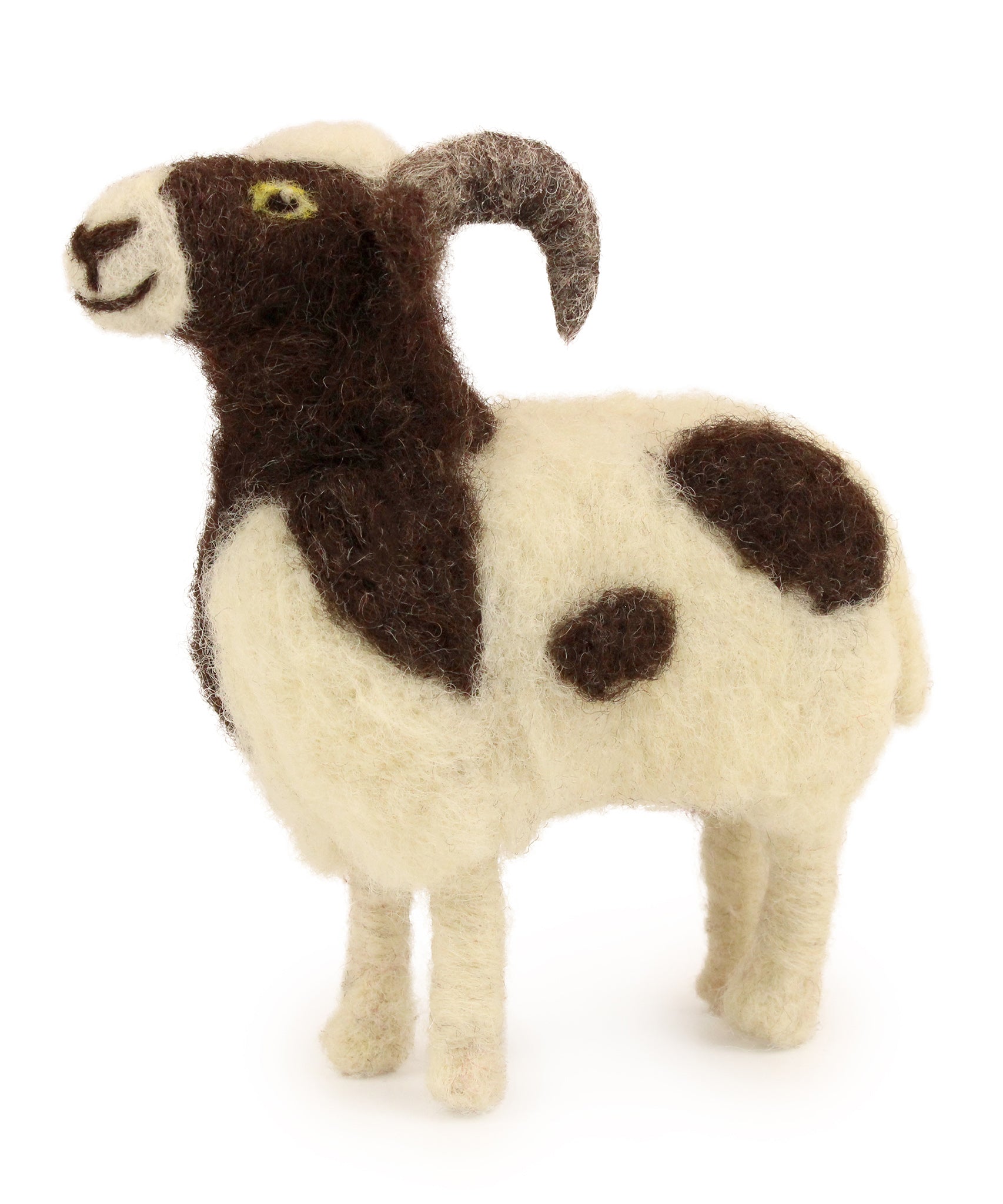 A fully made Jacob Sheep Needle Felt craft, in cream and brown wool with a brown and cream horns