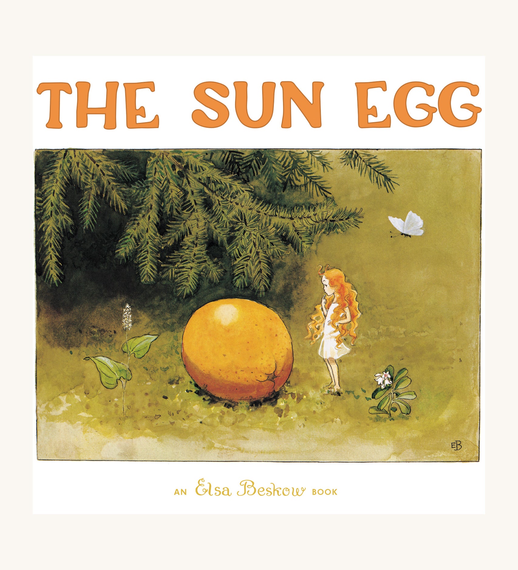 The Sun Egg by Elsa Beskow, is a beautifully illustrated children's story book. The image shows a small fairy with what appears to be an egg on the ground. The fairy is looking curiously at the suspicious egg as a butterfly passes by