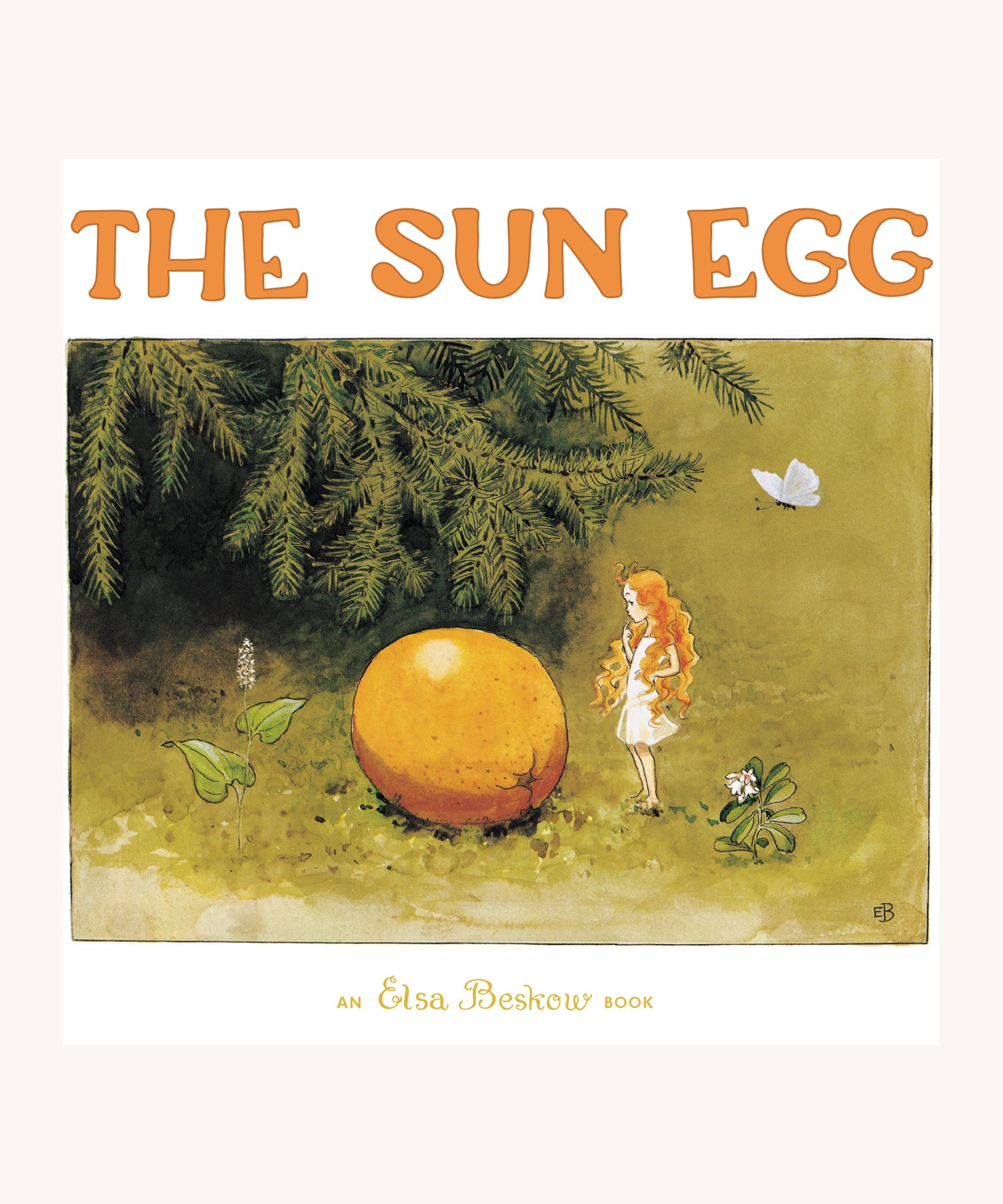 The Sun Egg by Elsa Beskow, is a beautifully illustrated children's story book. The image shows a small fairy with what appears to be an egg on the ground. The fairy is looking curiously at the suspicious egg as a butterfly passes by