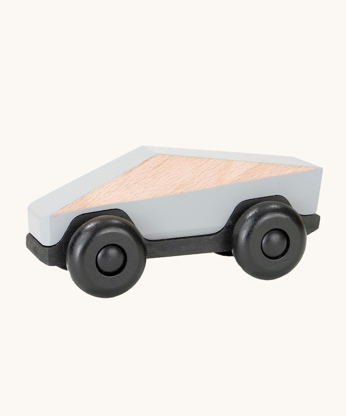 Tobe Poly Car in light grey and black, on a cream background. The car is made from wood in a geometric shape to give a futuristic feel.