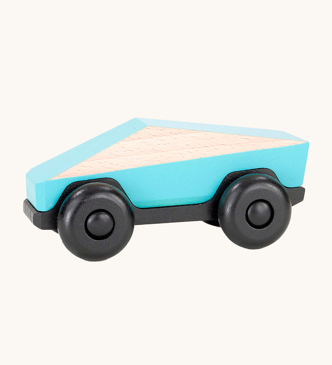 Tobe Poly Car in light blue and black, on a cream background. The car is made from wood in a geometric shape to give a futuristic feel.