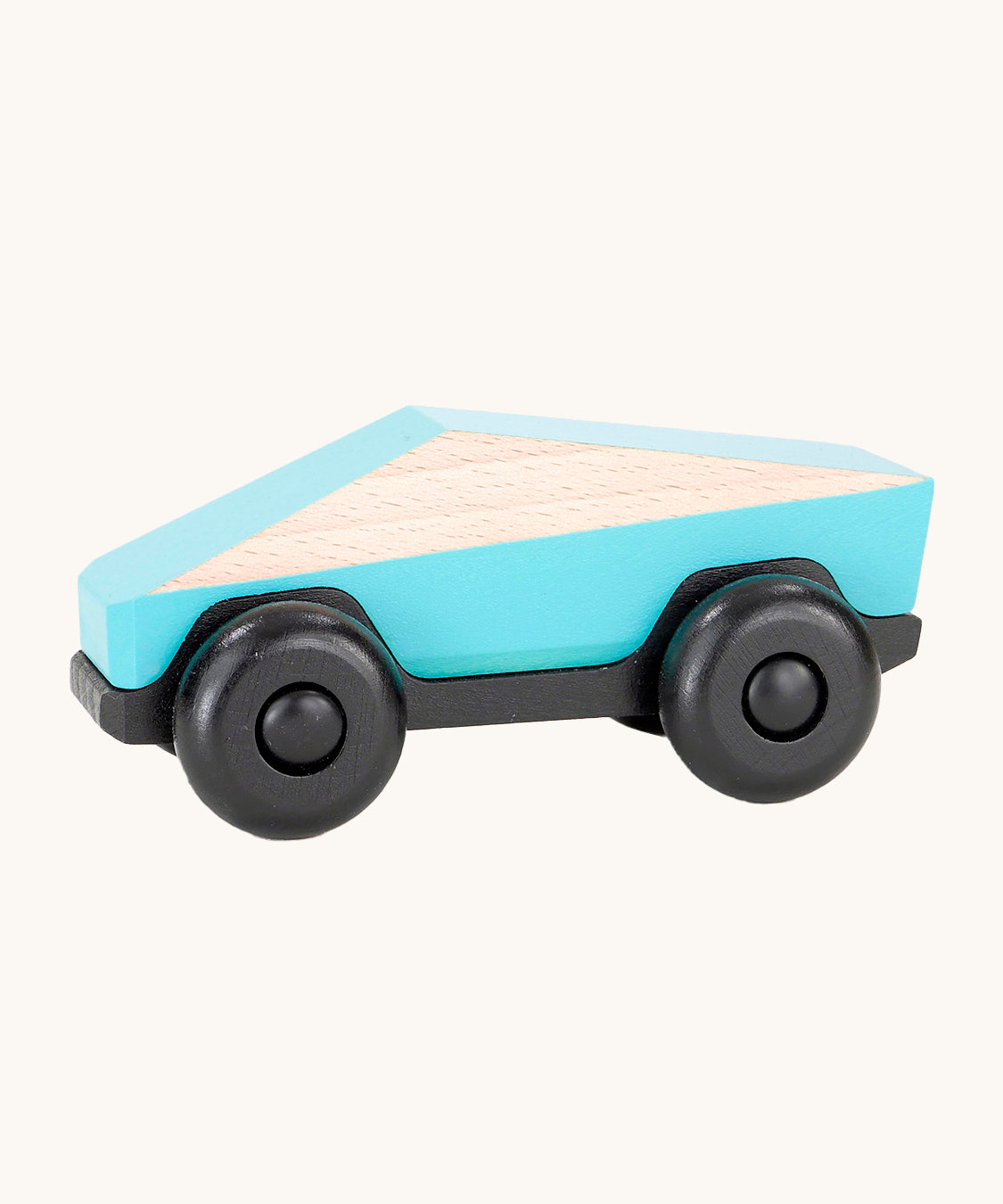 Tobe Poly Car in light blue and black, on a cream background. The car is made from wood in a geometric shape to give a futuristic feel.