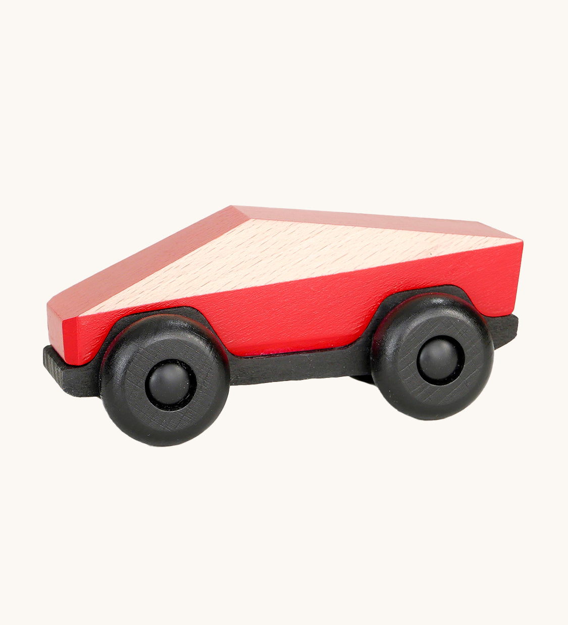 Tobe Poly Car in red and black, on a cream background. The car is made from wood in a geometric shape to give a futuristic feel.