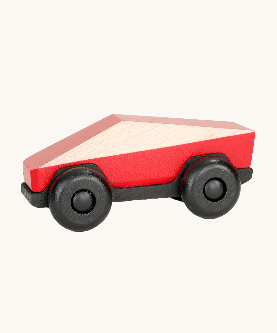 Tobe Poly Car in red and black, on a cream background. The car is made from wood in a geometric shape to give a futuristic feel.