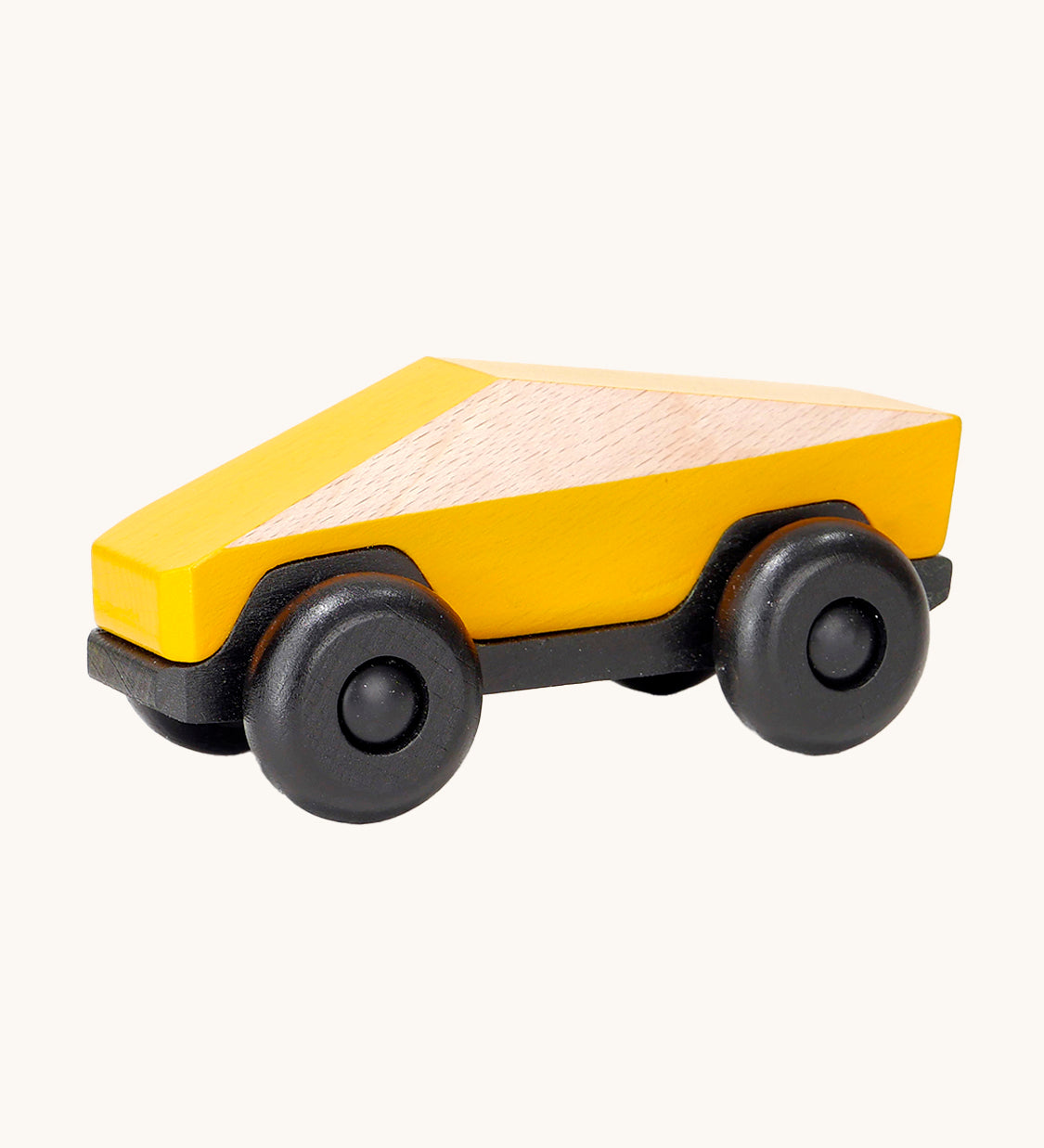 Tobe Poly Car in yellow and black, on a cream background. The car is made from wood in a geometric shape to give a futuristic feel.