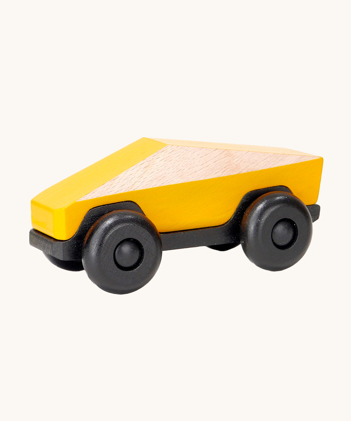 Tobe Poly Car in yellow and black, on a cream background. The car is made from wood in a geometric shape to give a futuristic feel.