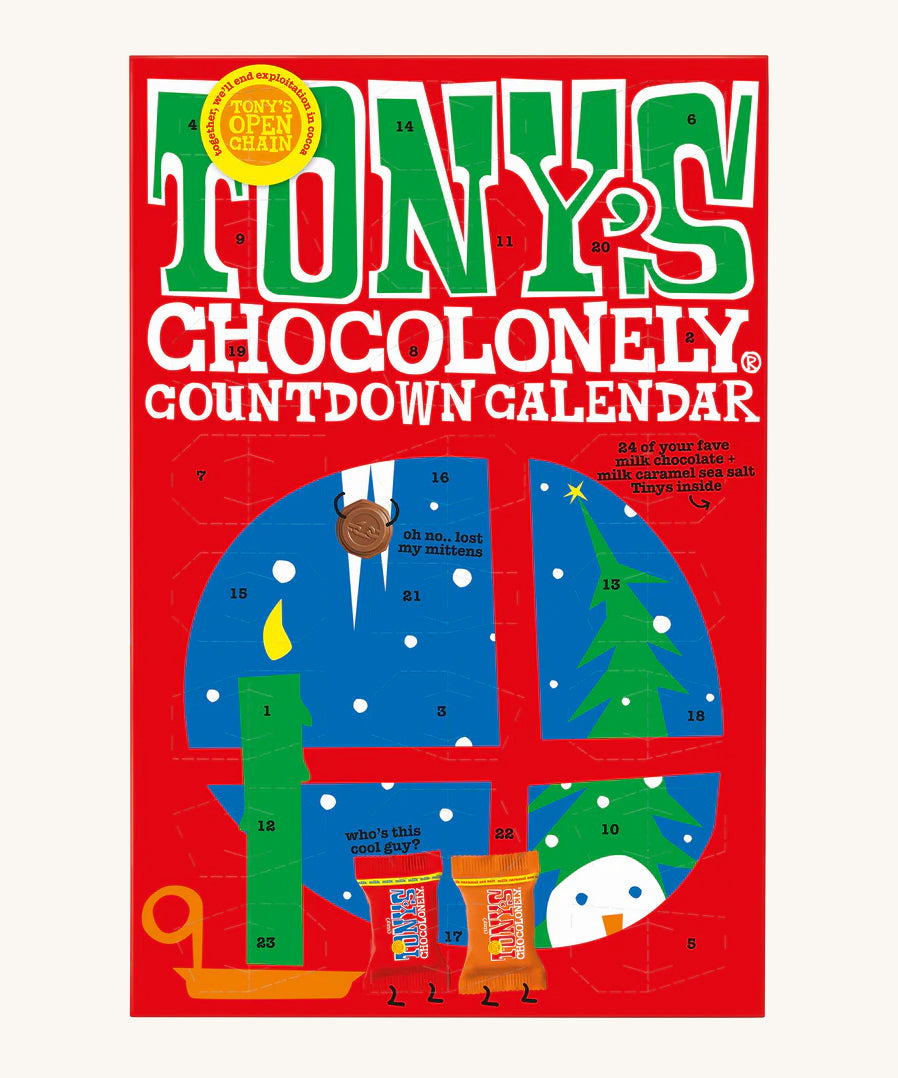 The front of the Tony's Chocolonely Chocolate Advent Calendar - Fairtrade - Small 216g showing the calendar windows ready to open. The image is on a cream background