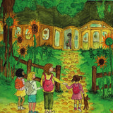 Toverlux Magic Lamp Silhouette - Artwork By Eentje Van Margo, Back To School. Children are walking into the school yard, ready to go back to school. The illustration shows a yellow school building with a yellow stone path, and large sunflowers. The Image is on a cream background